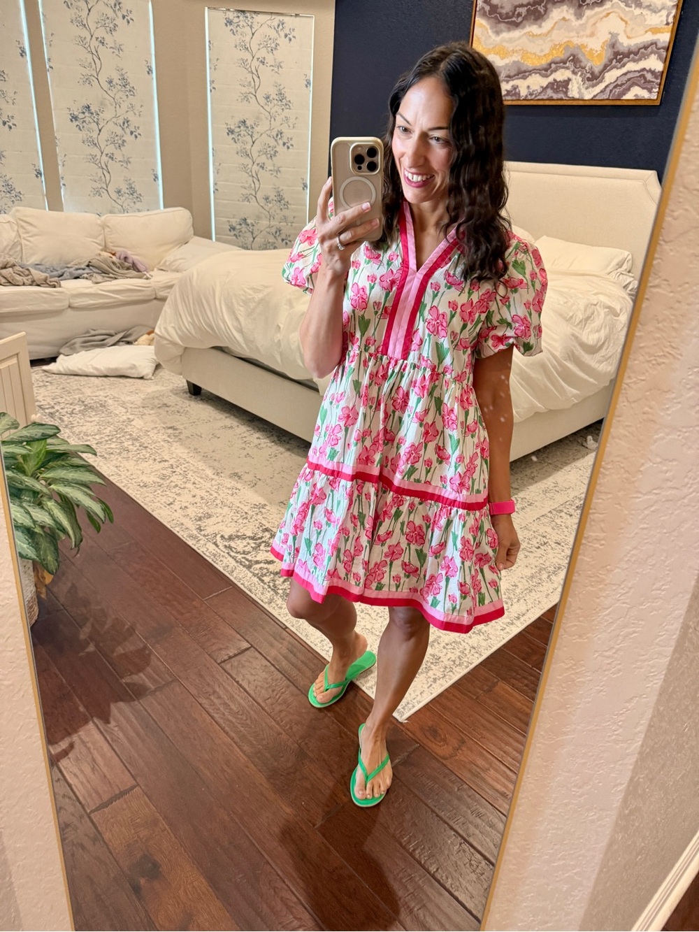 entro Pink Floral Tiered Mini Dress with Hot Pink Trim